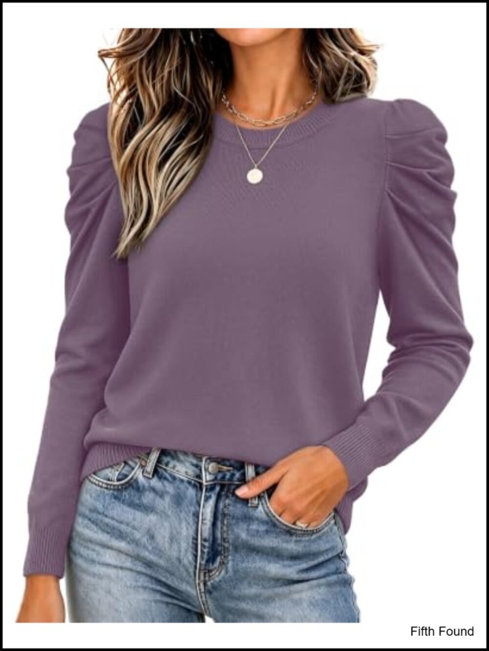 Women's Long Sleeve Knit Pullover Sweater Puff Sleeve Crew Neck